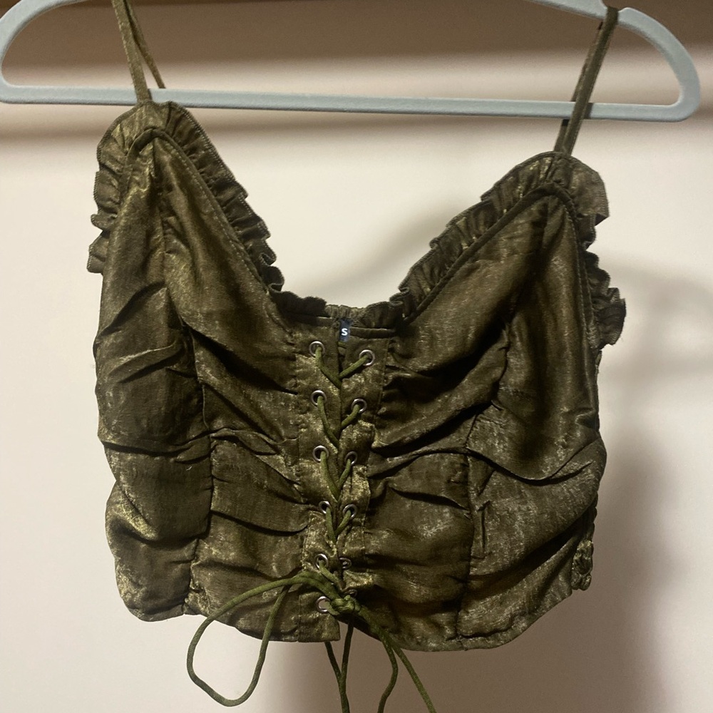 SHEIN olive green lace up cropped corset top.